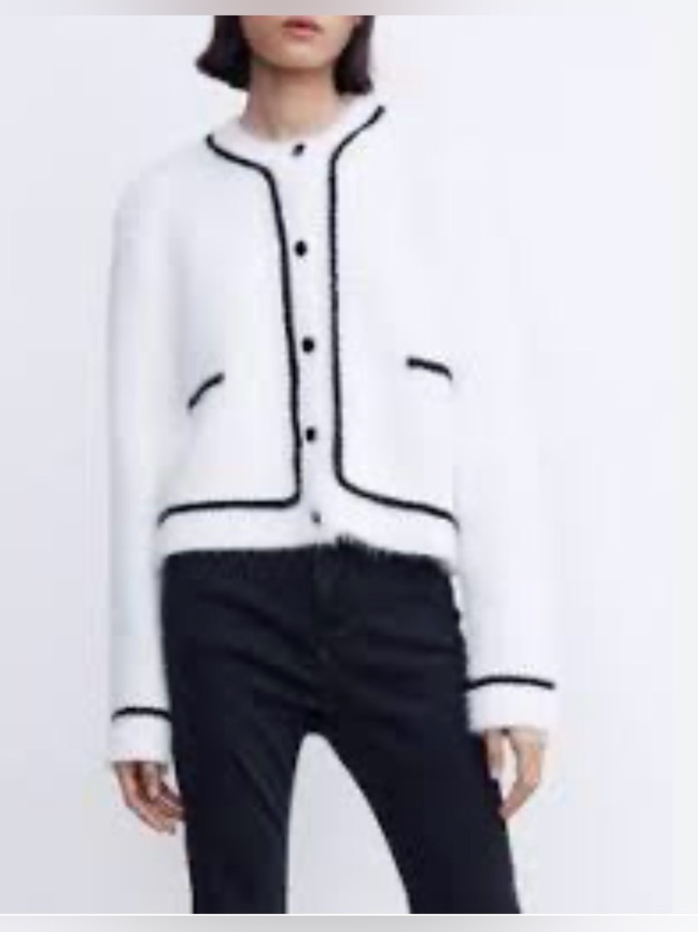 Urban Revivo | White Fleece Black Button Sweater Blazer